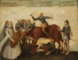 The Dairy Cow: المقاطعات الهولندية ، تمردًا على الملك الإسباني فيليب الثاني ، بقيادة الأمير ويليام من أورانج ، تدخل الولايات العام الملكة إليزابيث الأولى للمساعدة ، ج. 1633-39 بواسطة غير معروف